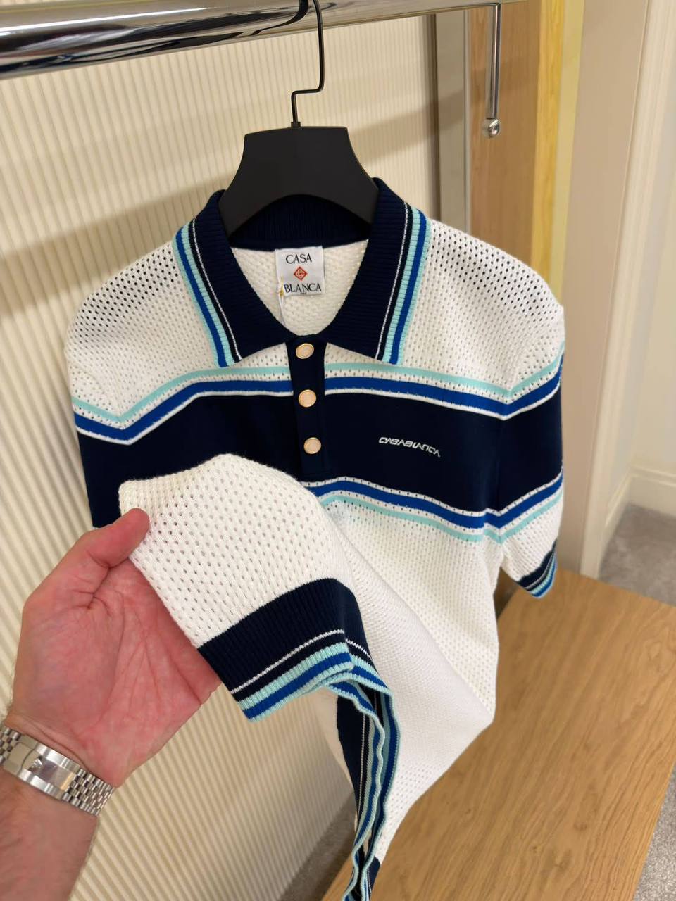 Casablanca Mesh Knit Striped Polo